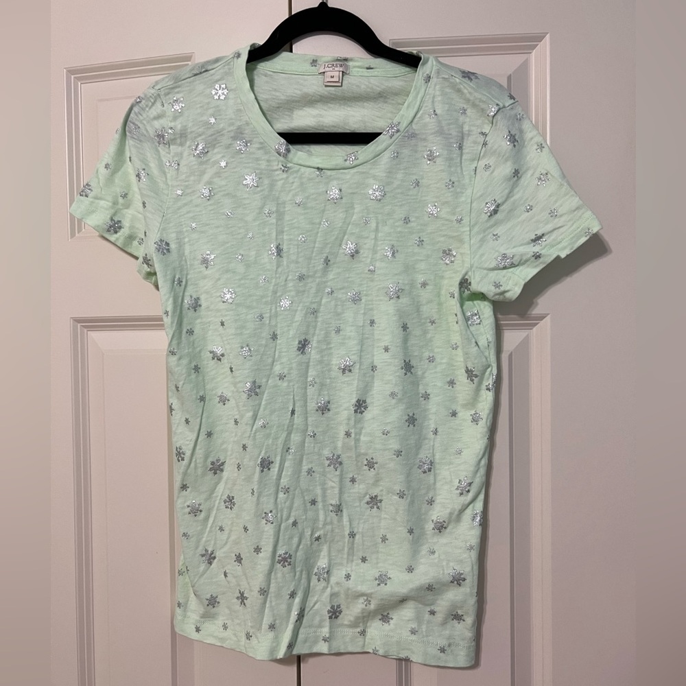 J.Crew scoop neck cotton t shirt mint color with silver snow flakes